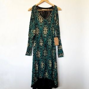Hand Dyed Block Dress Cold Shoulder Teal/Black - S